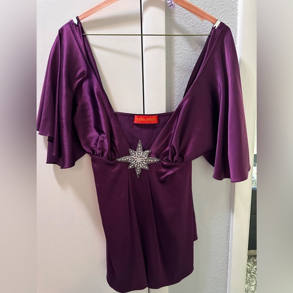 Ingwa Melero Bordeaux Wine Butterfly Sleeve Low-Cut Beaded Detail Silk Top Large - Picture 8 of 8